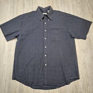 Van Heusen Shirt Mens Large Navy Blue White Grid Check Short Sleeve‎ Button Up